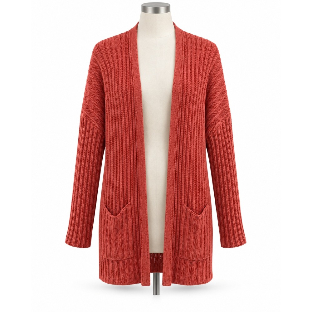 American Eagle Medium Cardigan Sweater Open Front Ribbed Coral Pink Knit Pockets